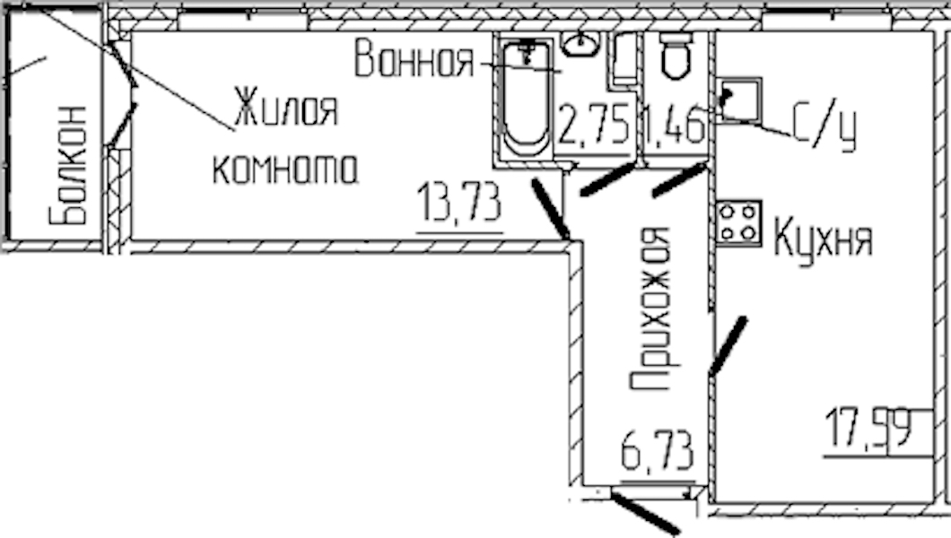 1-комнатная квартира 43.3 м², 2/6 эт., ЖК «SERTOLOVO PARK»